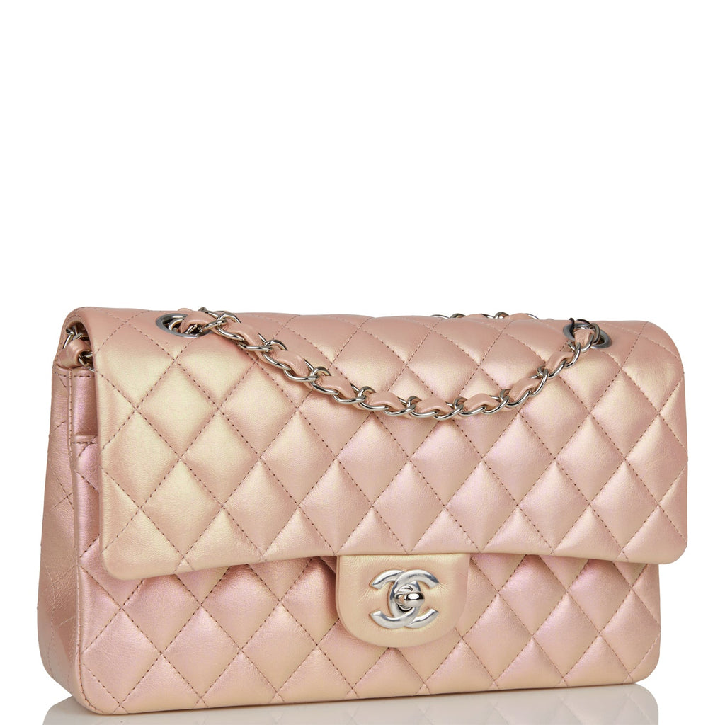 Chanel Medium Classic Double Flap Bag Pink Iridescent Lambskin Silver Hardware