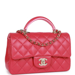 Chanel Mini Rectangular Flap with Top Handle Pink Lambskin Light Gold Hardware