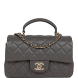 Chanel Mini Rectangular Flap Bag with Top Handle Dark Grey Lambskin Light Gold Hardware