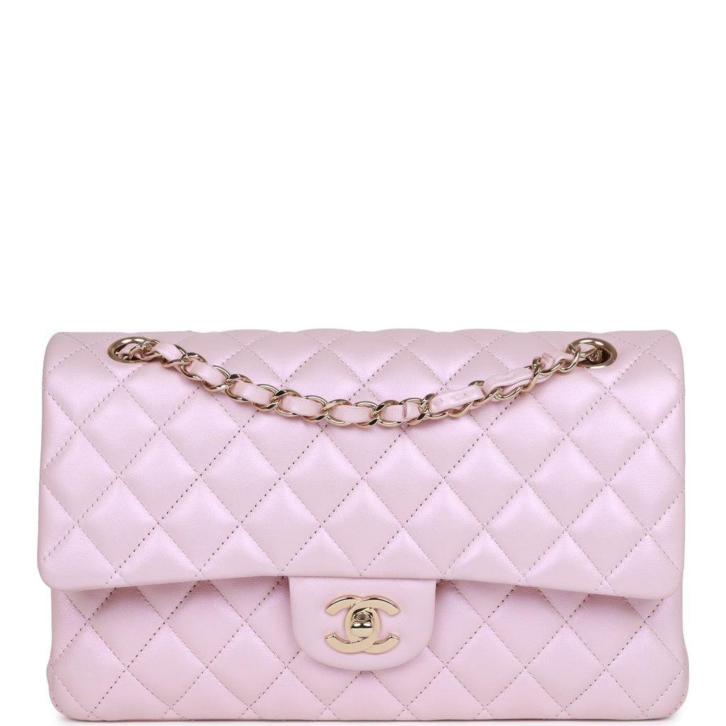 Chanel Medium Classic Double Flap Bag Pink Iridescent Lambskin Light Gold Hardware Pink New or Never Worn Lambskin