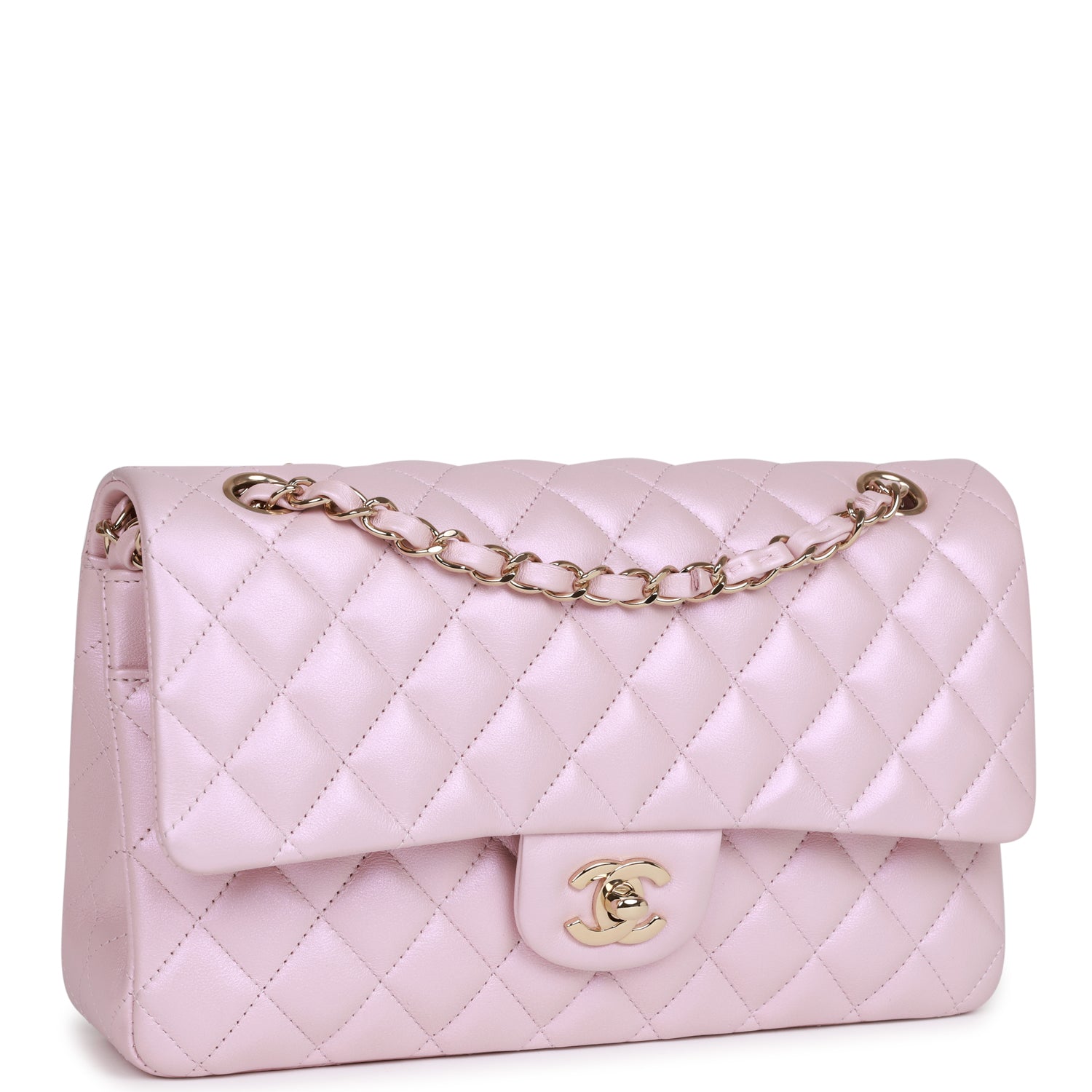 Chanel Pink Iridescent Quilted Lambskin Medium Classic Double Flap Bag ...