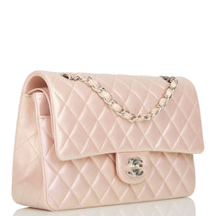 Chanel Medium Classic Double Flap Bag Pink Iridescent Lambskin Silver Hardware