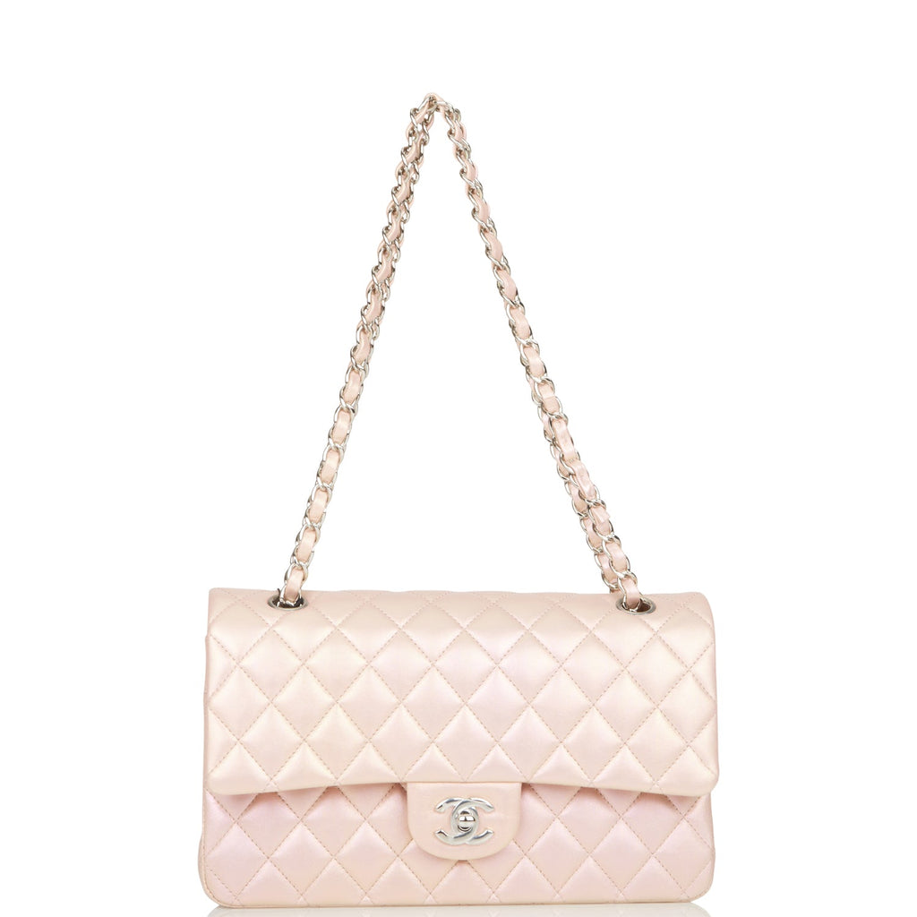 Chanel Medium Classic Double Flap Bag Pink Iridescent Lambskin Silver Hardware