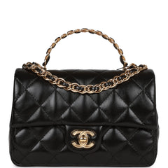 Chanel Mini Rectangular Flap with Top Handle Black Lambskin Gold Hardware