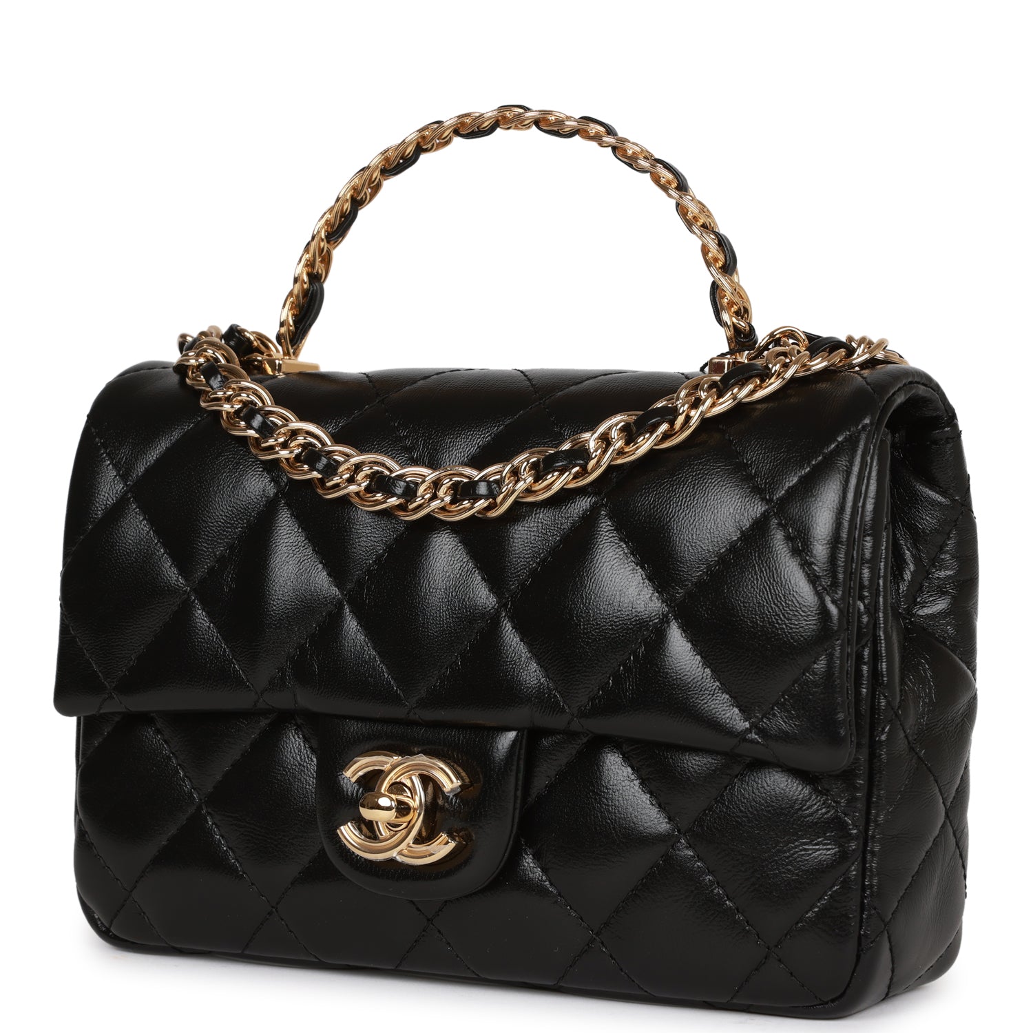 Chanel Mini Rectangular Flap with Top Handle Black Lambskin Gold Hardw