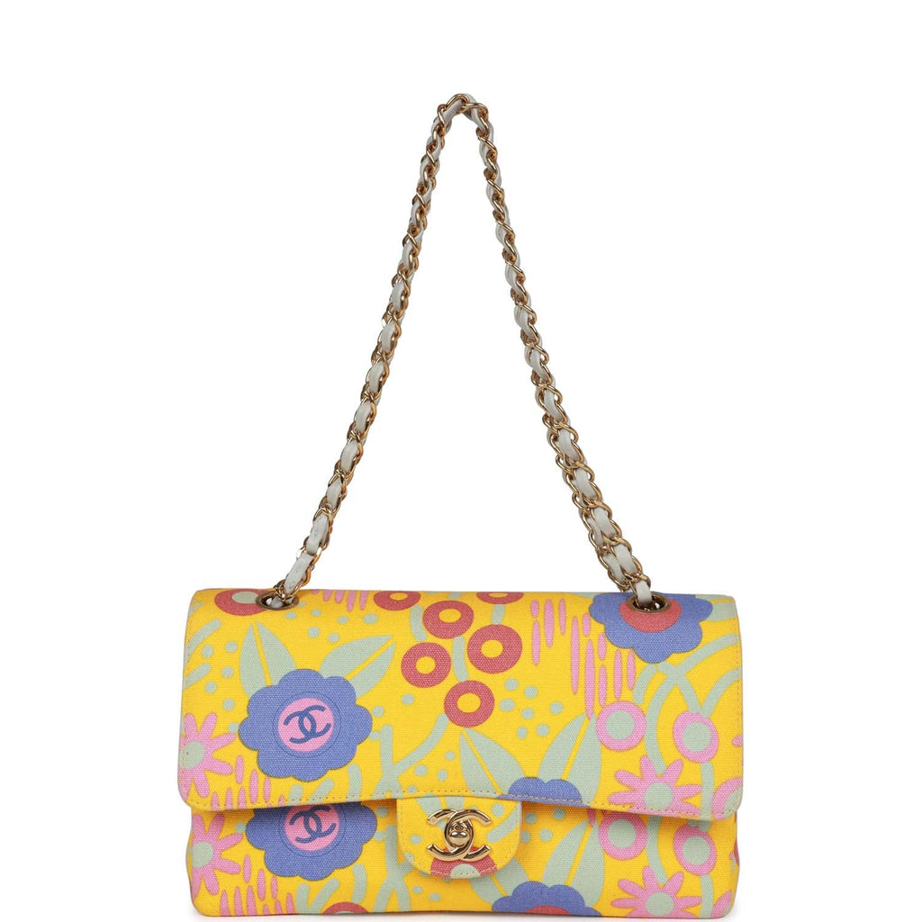Vintage Chanel Medium Classic Double Flap Bag Yellow and Multicolor Floral Print Canvas Gold Hardware