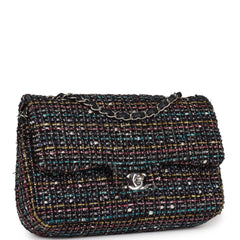 Pre-owned Chanel Medium Classic Double Flap Bag White and Black Tweed Boucle Silver Hardware