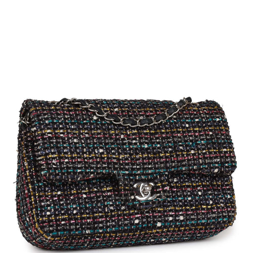 Pre-owned Chanel Medium Classic Double Flap Bag White and Black Tweed Boucle Silver Hardware