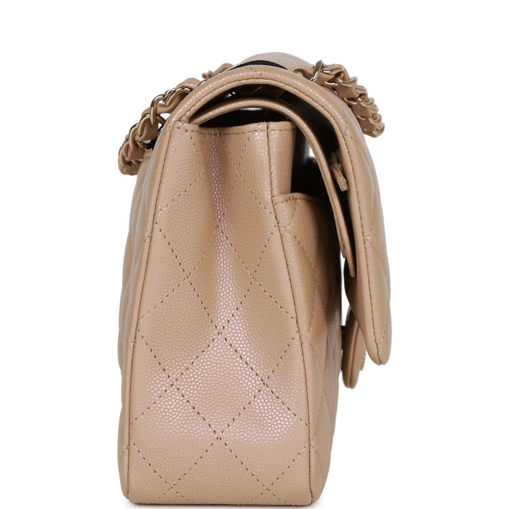 2022 Year CHANEL Classic Iridescent Lambskin Quilted Medium Double Flap  Beige/Golden Handbag