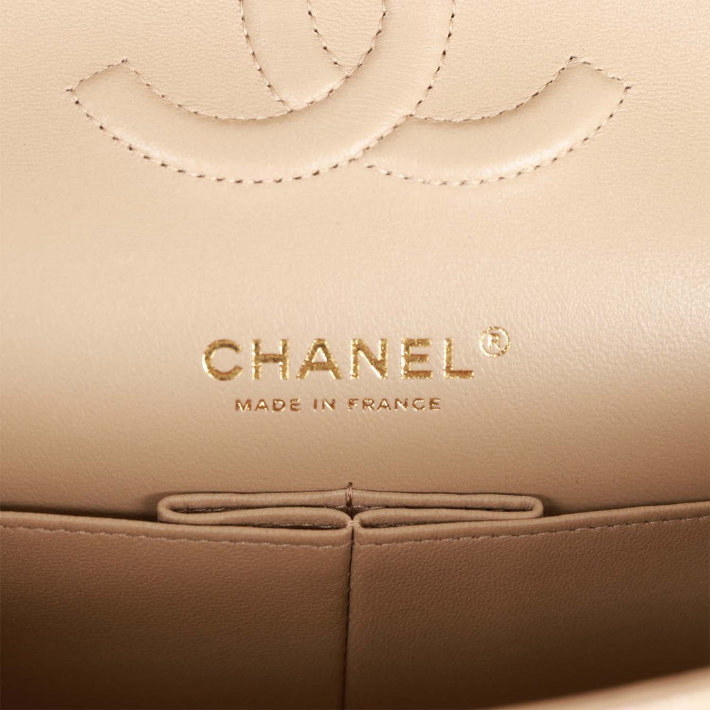 Chanel Medium Classic Double Flap Bag Beige Iridescent Caviar Light Gold Hardware