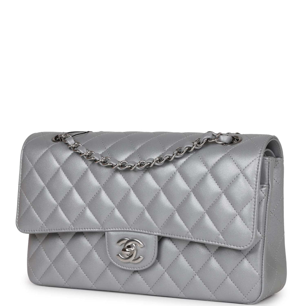 Chanel Medium Classic Double Flap Bag Silver Metallic Lambskin