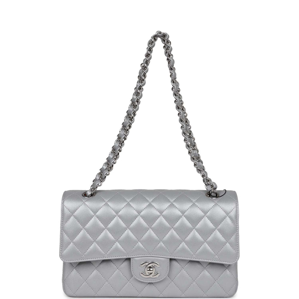 Chanel Medium Classic Double Flap Bag Silver Metallic Lambskin Silver Hardware