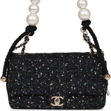 Chanel Medium Pearl Handle Flap Bag Dark Blue Tweed Boucle Light Gold Hardware