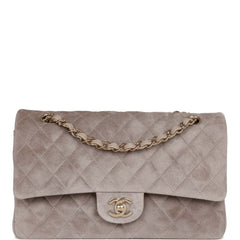 Chanel Medium Classic Double Flap Bag Grey Suede Light Gold Hardware