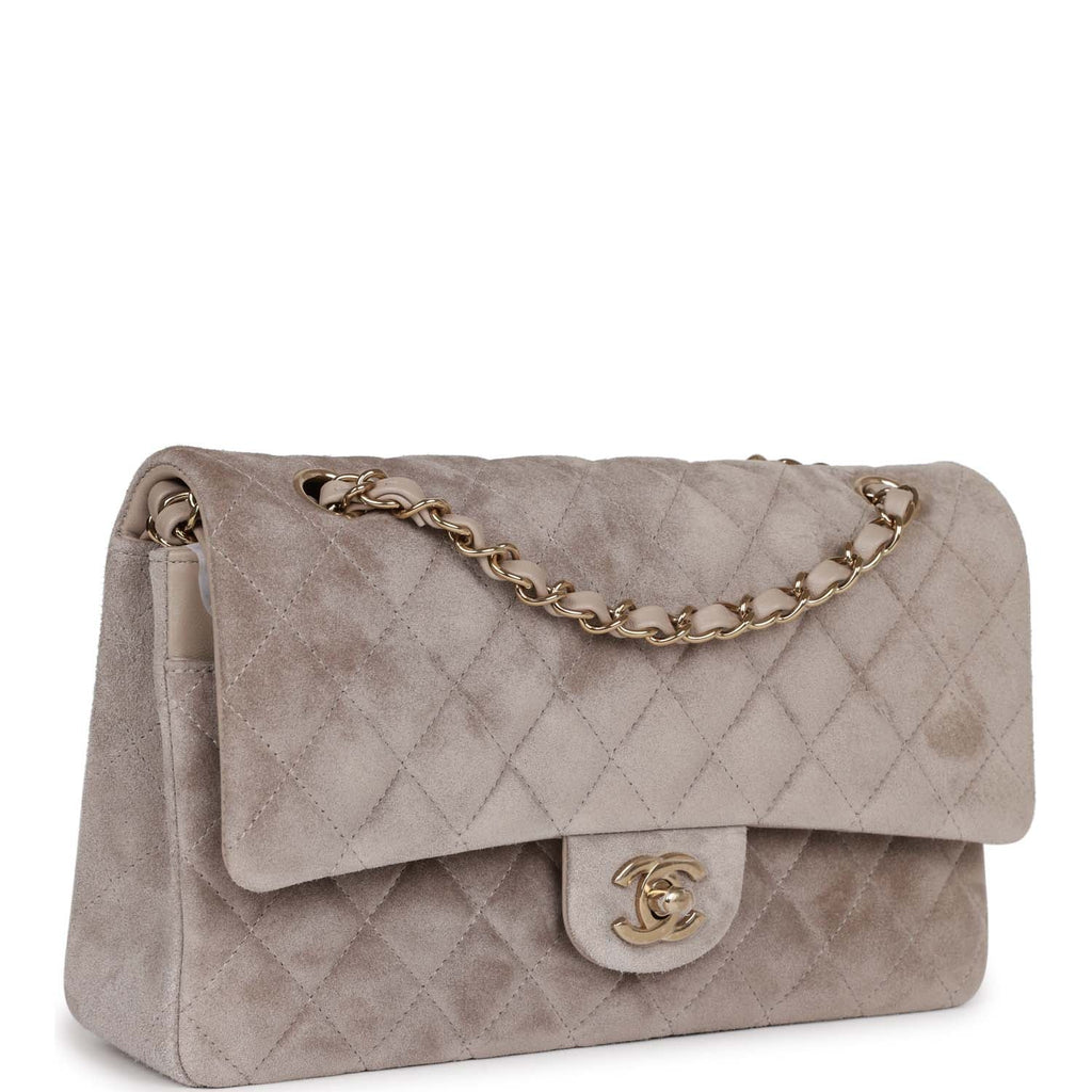 Chanel Medium Classic Double Flap Bag Grey Suede Light Gold