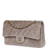 Chanel Medium Classic Double Flap Bag Grey Suede Light Gold Hardware