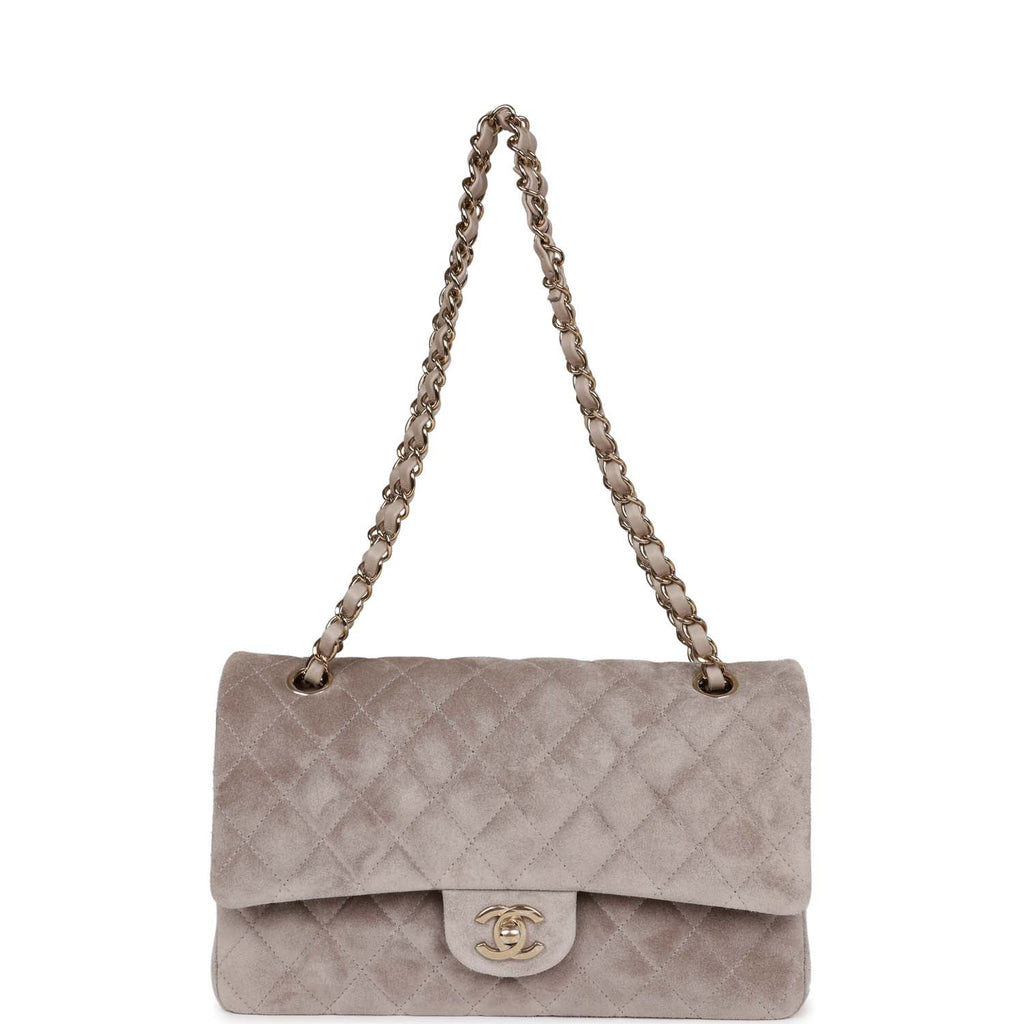 Chanel Medium Classic Double Flap Bag Grey Suede Light Gold Hardware