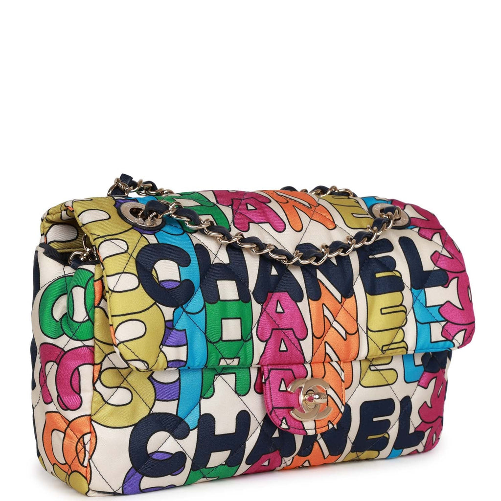 Chanel Medium Flap Bag Multicolor Rainbow Logo Nylon Light Gold Hardware