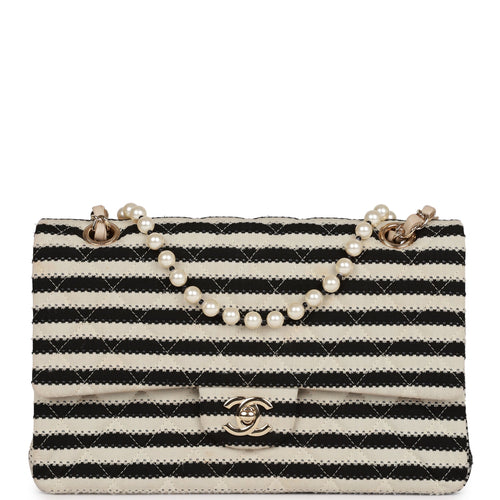 Pre-owned Chanel Medium Classic Double Flap Bag Black and Beige Striped Silk Light Gold Hardware