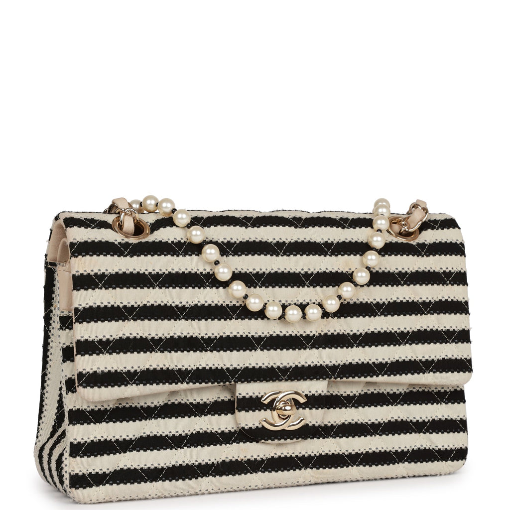 Pre-owned Chanel Medium Classic Double Flap Bag Black and Beige Striped Silk Light Gold Hardware