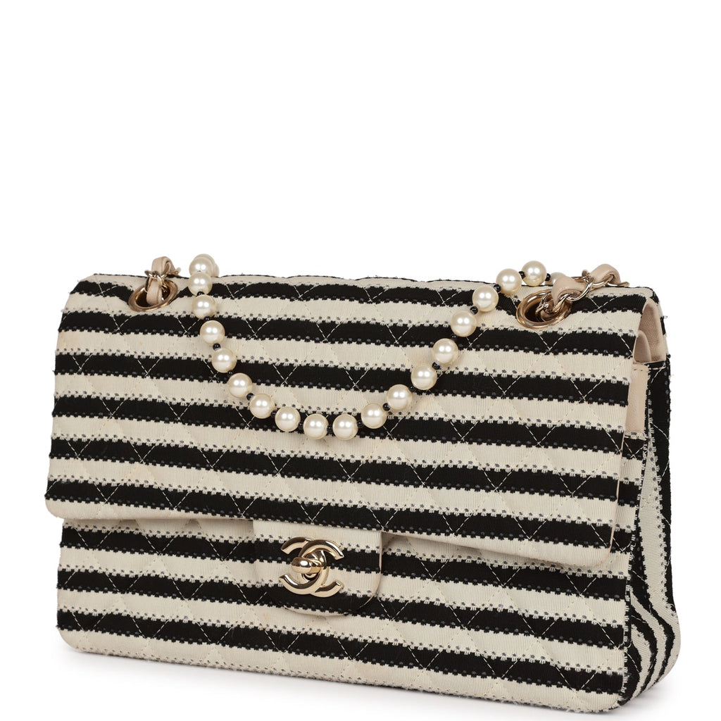 Pre-owned Chanel Medium Classic Double Flap Bag Black and Beige Striped Silk Light Gold Hardware