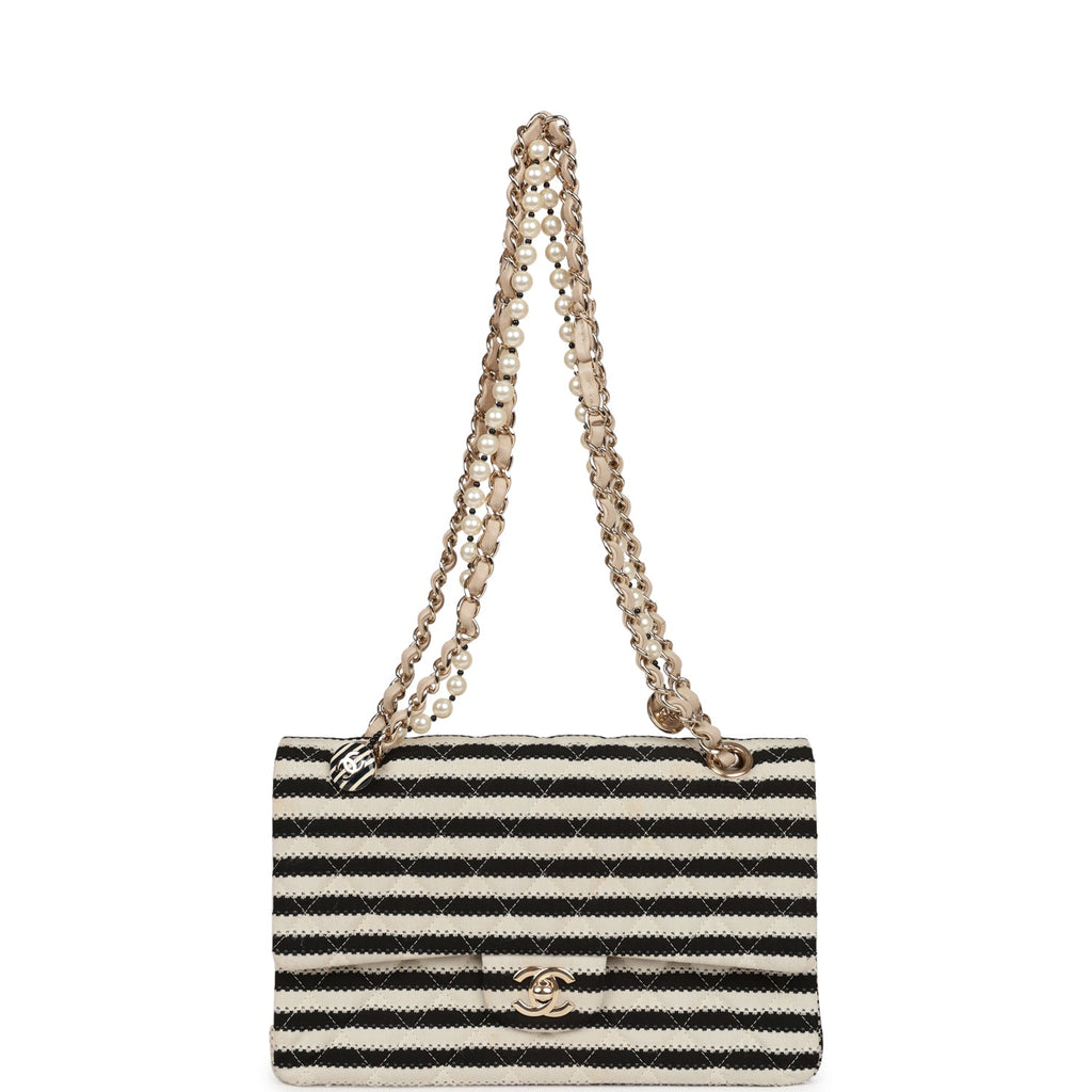 Pre-owned Chanel Medium Classic Double Flap Bag Black and Beige Striped  Silk Light Gold Hardware