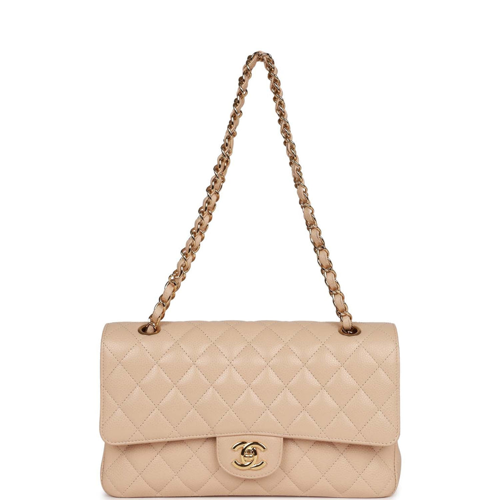 Pre-owned Chanel Medium Classic Double Flap Bag Beige Caviar Gold Hardware
