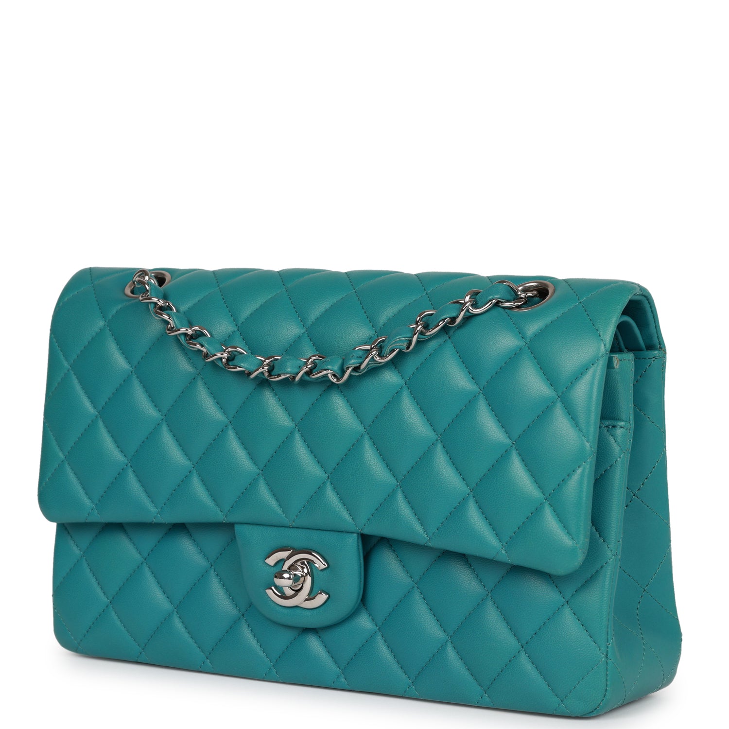 Chanel Blue Quilted Lambskin Medium Classic Double Flap Bag Silver