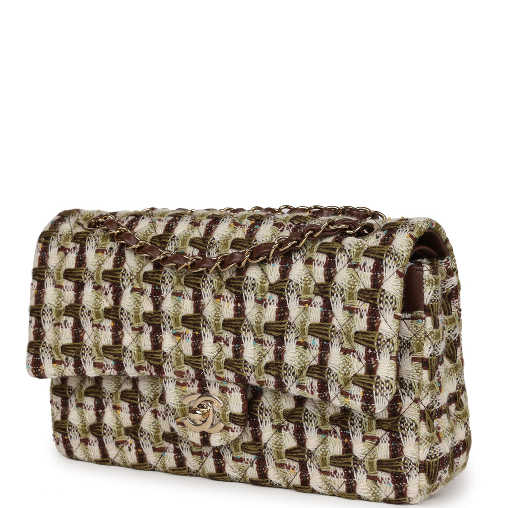 Chanel Medium Classic Double Flap Bag Brown, Green, and White Tweed Light  Gold Hardware