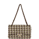 Chanel Medium Classic Double Flap Bag Brown, Green, and White Tweed Light Gold Hardware