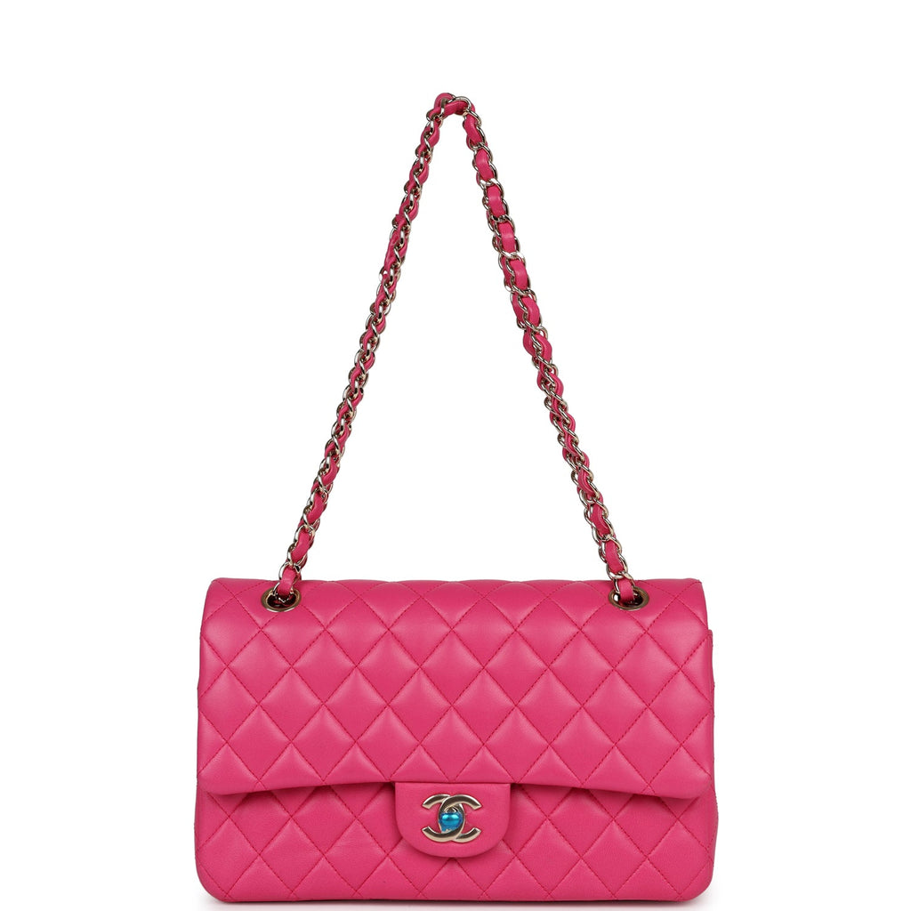 Pre-owned Chanel Medium Classic Double Flap Hot Pink Lambskin Gold Hardware