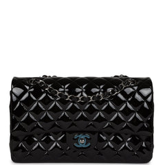 Chanel Medium Classic Double Flap Bag Black Patent Leather Silver Hardware
