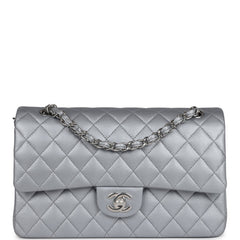 Chanel Medium Classic Double Flap Silver Caviar Silver Hardware