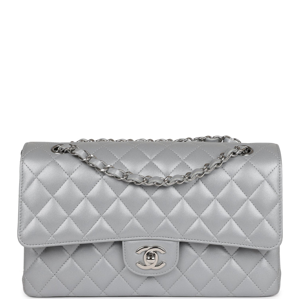 Chanel Metallic Silver Perforated Quilted Lambskin Jumbo Classic Double Flap Brushed Silver Hardware, 2014-2015 (Like New), Womens Handbag