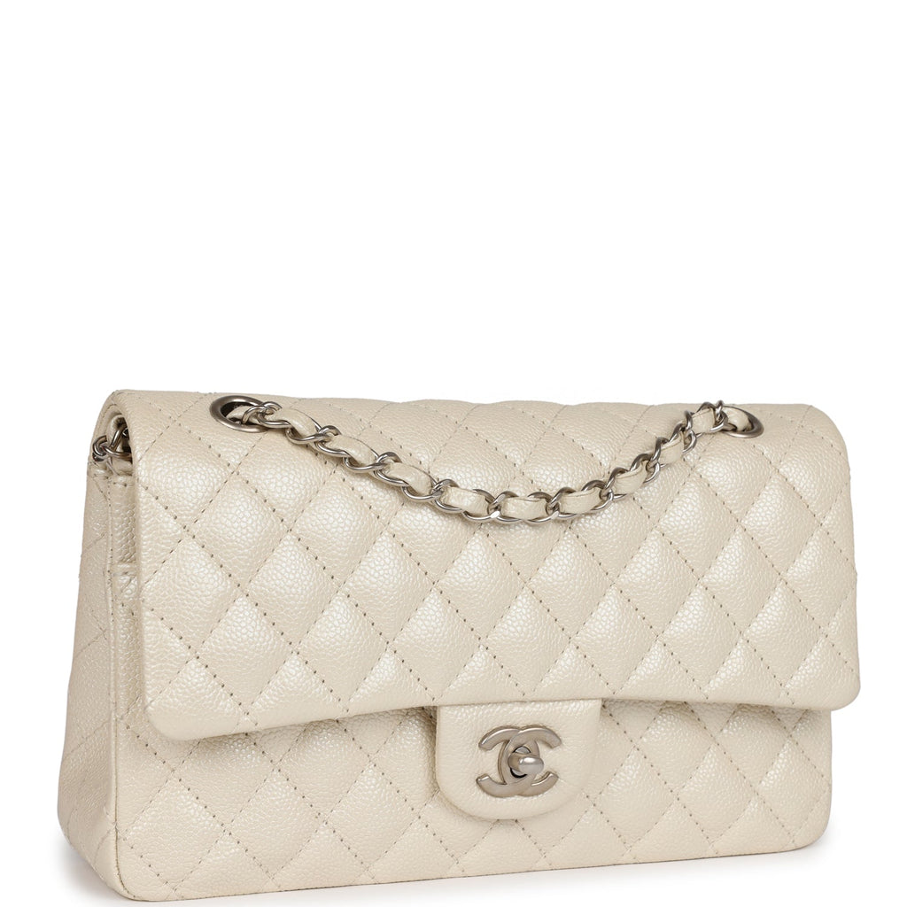 Pre-owned Chanel Medium Classic Double Flap Pearlescent Ivory Caviar Brushed Silver Hardware