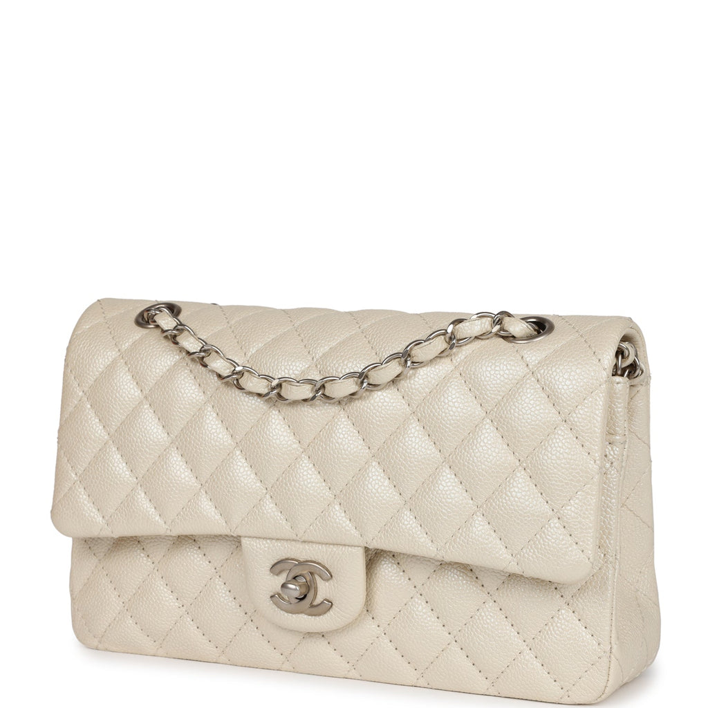 Pre-owned Chanel Medium Classic Double Flap Pearlescent Ivory Caviar Brushed Silver Hardware
