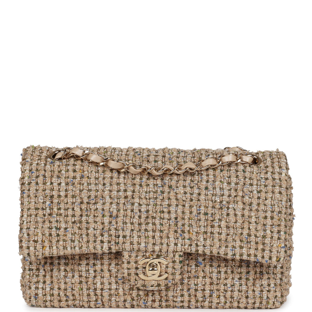 Pre-owned Chanel Medium Classic Double Flap Beige Tweed Gold Hardware