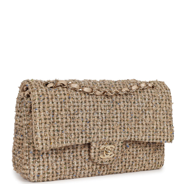 Pre-owned Chanel Medium Classic Double Flap Beige Tweed Gold