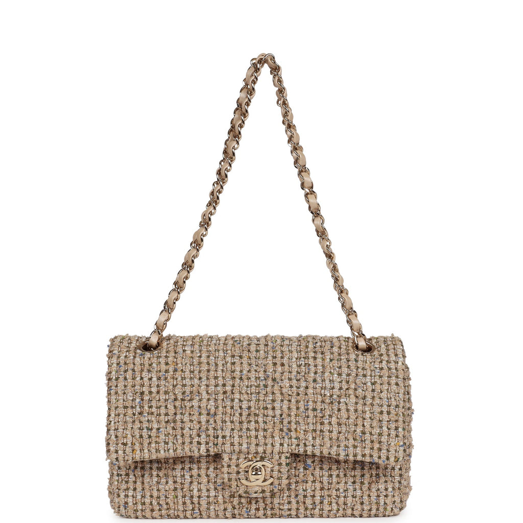 Pre-owned Chanel Medium Classic Double Flap Beige Tweed Gold Hardware