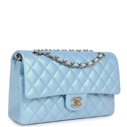 Chanel Medium Classic Double Flap Bag Blue Iridescent Calfskin Gold Hardware