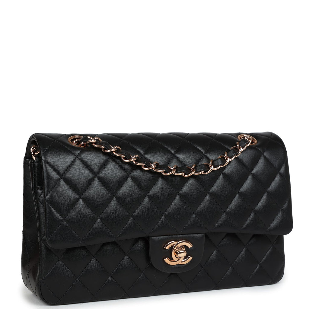 Chanel Medium Classic Double Flap Bag Black Lambskin Rose Gold Hardware