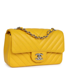Pre-owned Chanel Mini Rectangular Flap Yellow Chevron Caviar Silver Hardware