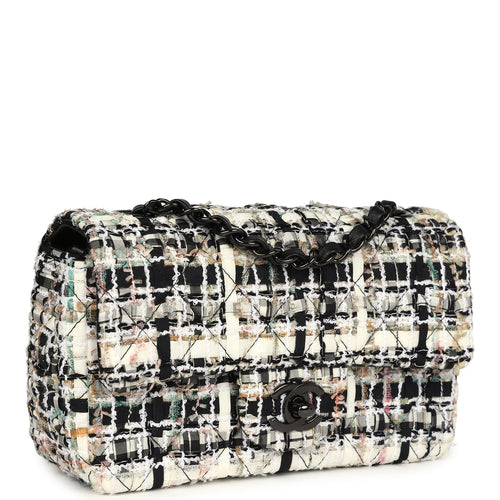 Pre-owned Chanel Mini Classic Flap Black and White Tweed Black Hardware