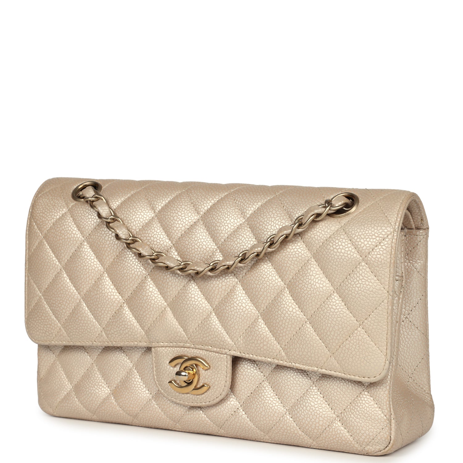 Pre-owned Chanel Medium Classic Double Flap Pearly Beige Caviar Gold H