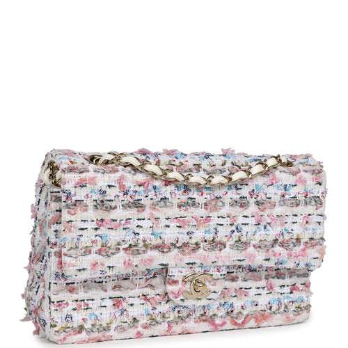 Pre-owned Chanel Medium Classic Double Flap White Multicolored Tweed Light Gold Hardware
