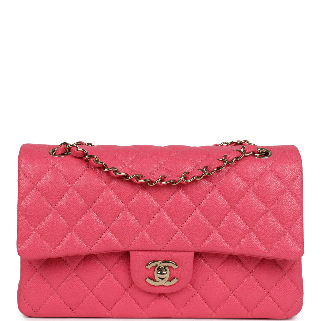 Chanel Medium Classic Double Flap Hot Pink Shiny Caviar Light Gold Hardware Pink Never Worn Caviar
