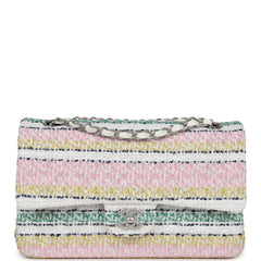 Chanel Medium Classic Double Flap White Multicolor Tweed Brushed Silver Hardware