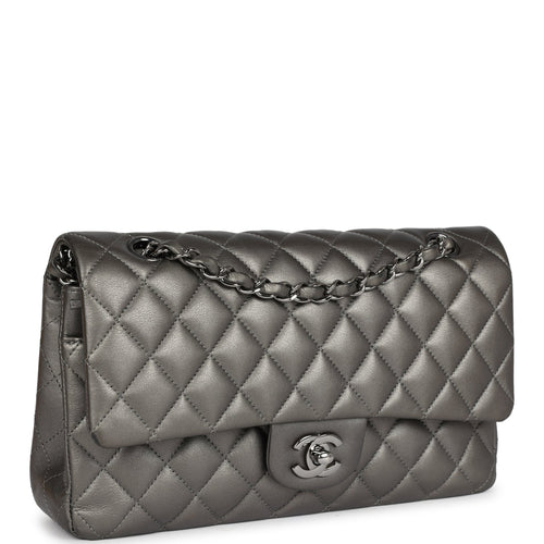 Pre-owned Chanel Medium Classic Double Flap Bag Metallic Grey Lambskin Silver Hardware