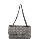 Pre-owned Chanel Medium Classic Double Flap Bag Metallic Grey Lambskin Silver Hardware