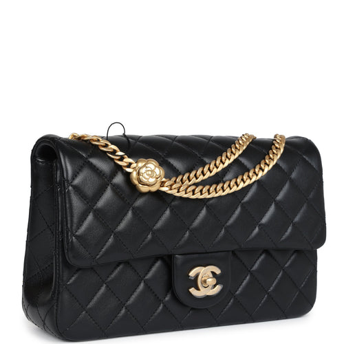 Chanel Medium Camellia Crush Flap Bag Black Lambskin Antique Gold Hardware
